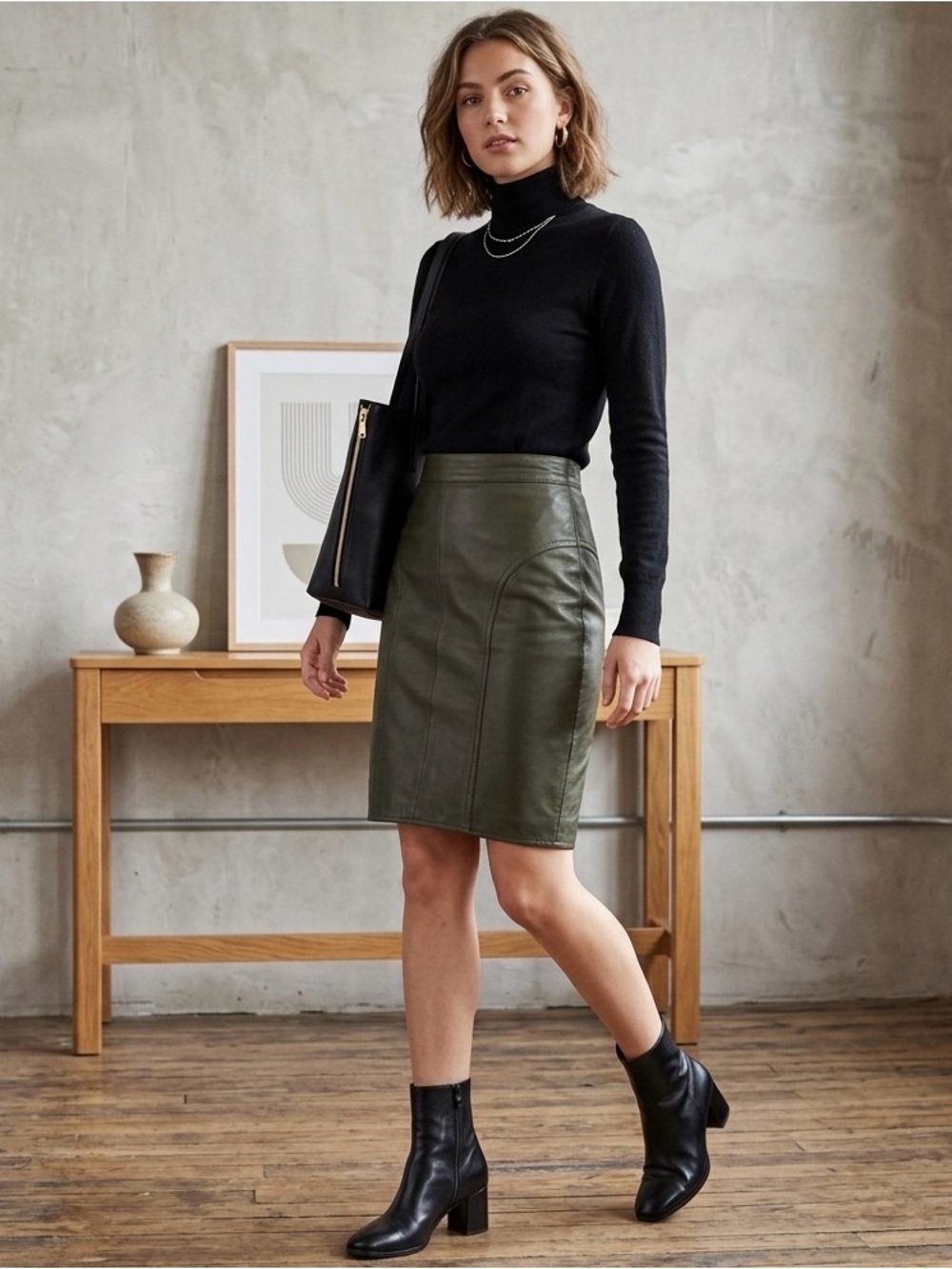 Vintage Deja Vu Women’s XS XXS Army Green Leather Mini Skirt 80s 90s Pencil